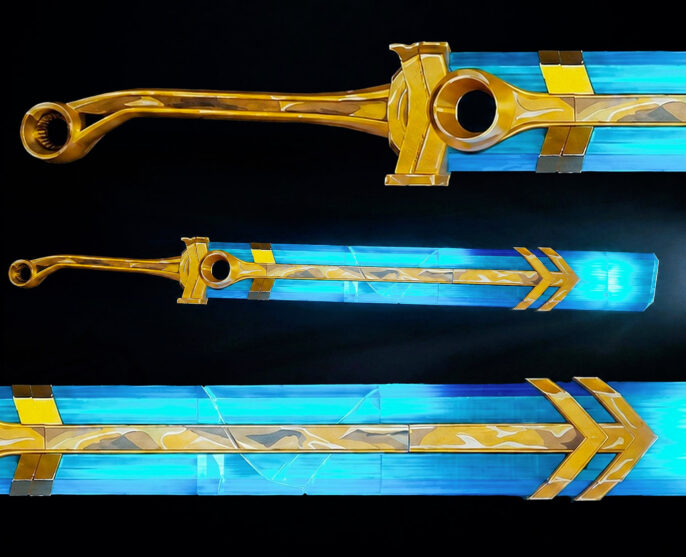 3D printed Ekko sword from Arcane painted in cel-shaded cosplay style – finished build