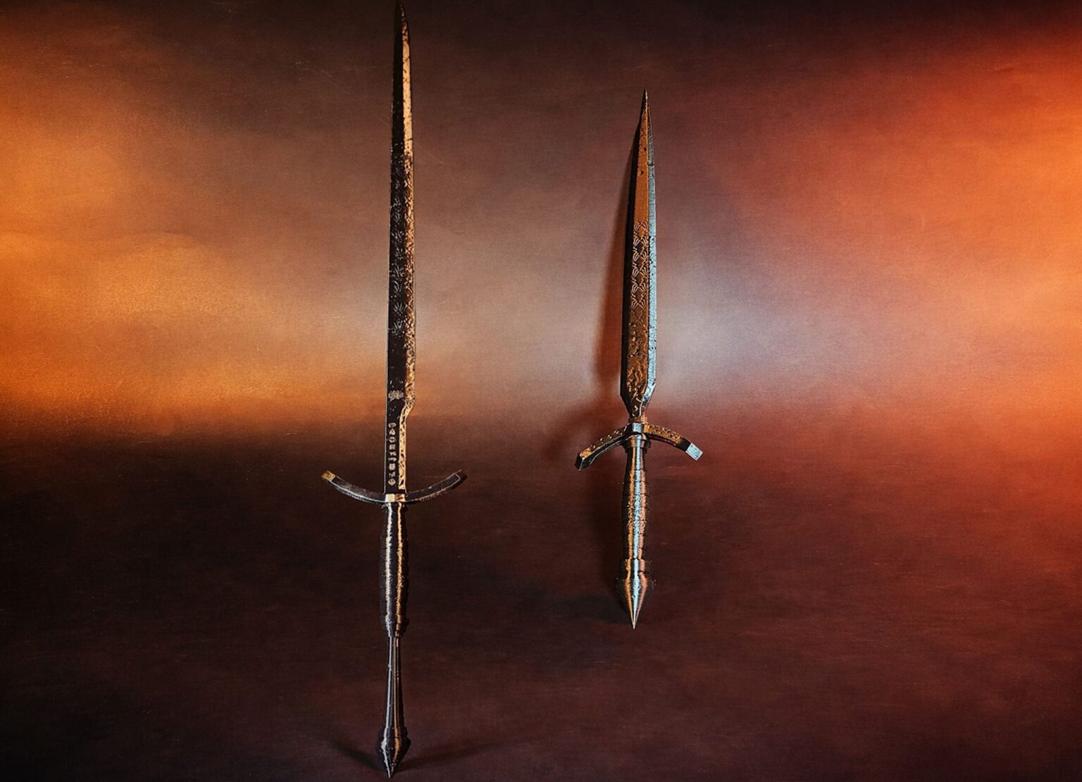 Lifestyle person in dark hood holding Expedition 33 Verso Sword and Dagger both weapons with black blades gold Art Nouveau scrollwork and ivory-cream ribbed grips cosplay props