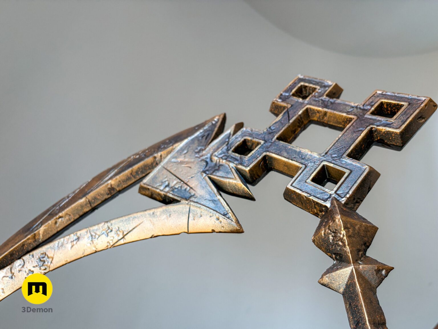 Close-up of raw white FDM printed Expedition 33 Scythe Charnon square geometric connector piece and blade base from slightly different angle showing print detail
