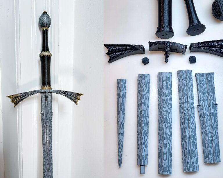 3D printed Dark Sister sword with a Damascus steel pattern – finished build