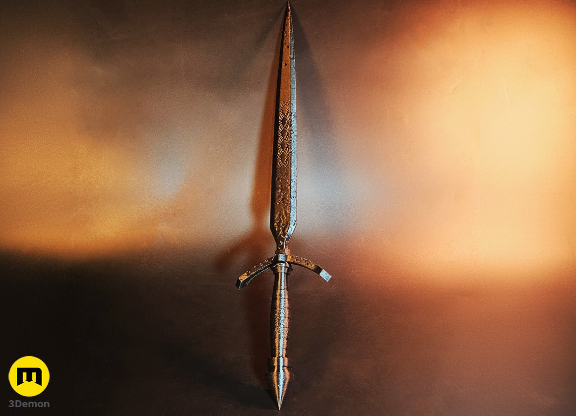 Photo of fully assembled unpainted 3D printed Expedition 33 Verso Dagger Verleso in black filament on green cutting mat showing complete dagger form before priming and painting
