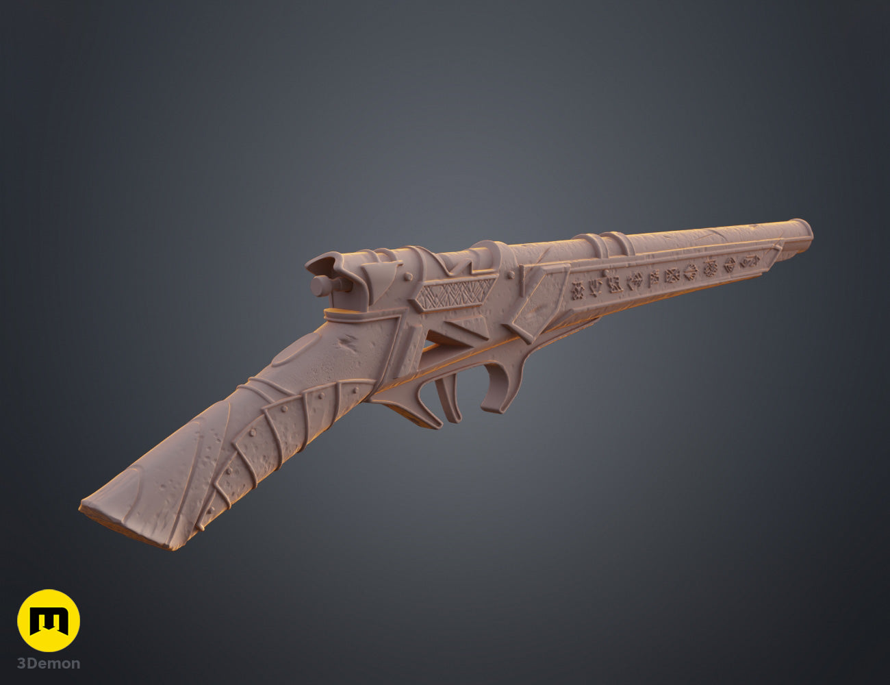 Clay render front-quarter view of Expedition 33 Gustave Gun in grey emphasizing muzzle geometry and depth of engraved runic symbols on barrel surface