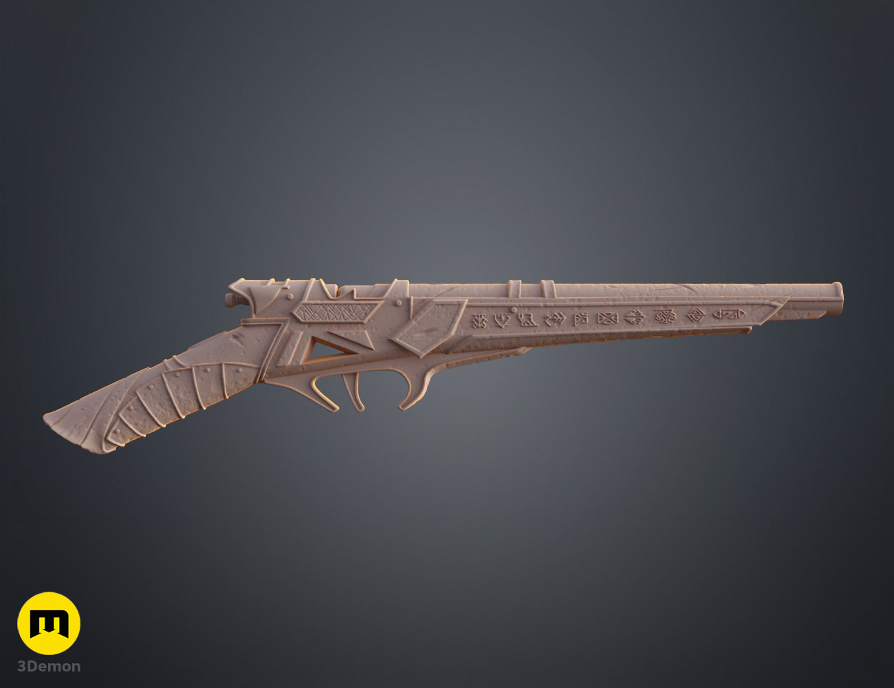Clay render full side profile of Expedition 33 Gustave Gun grey material showing complete 44cm weapon silhouette and steampunk runic design distribution along body