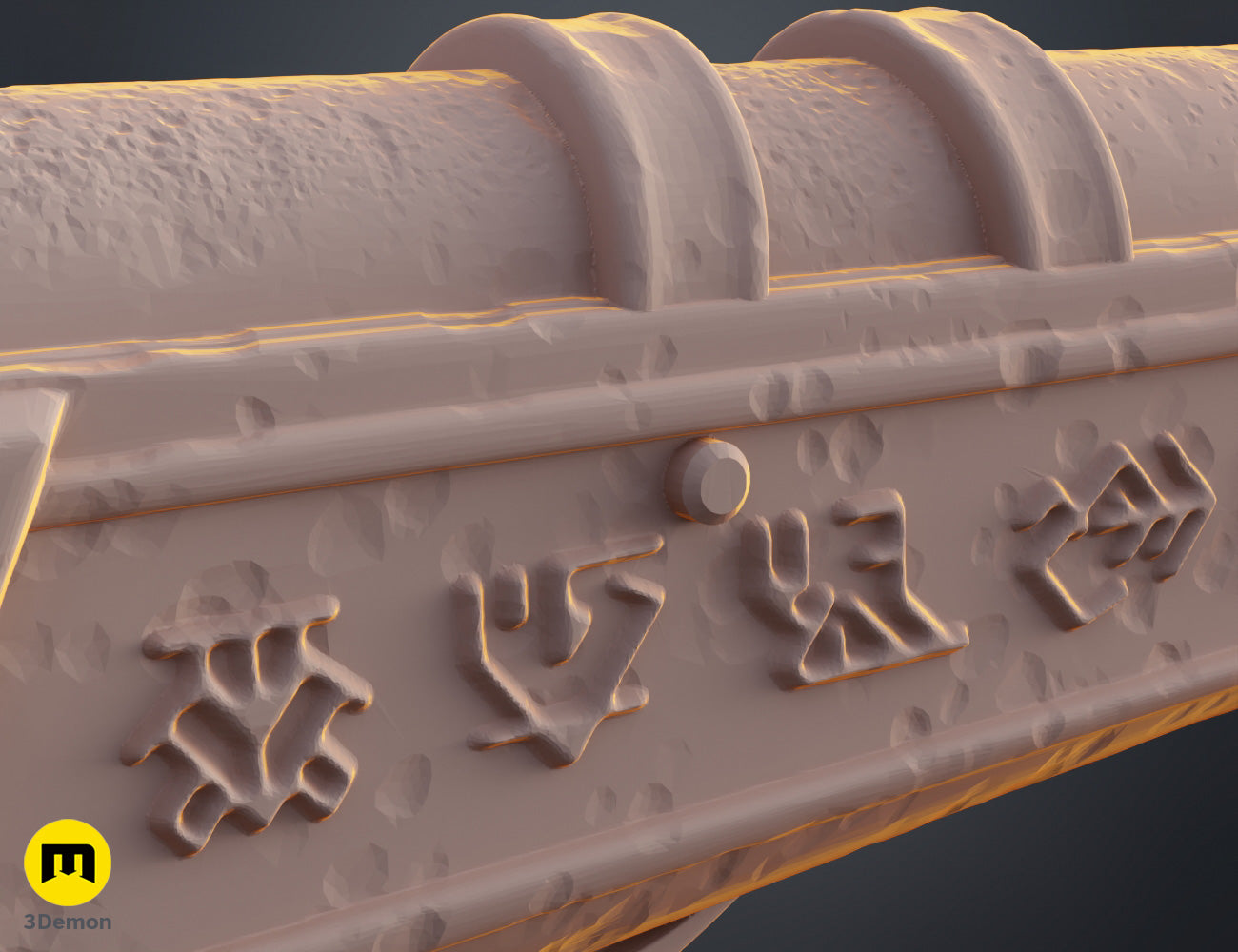 Clay render close-up of Expedition 33 Gustave Gun barrel in grey showing fine runic engraving symbol detail and geometric pattern incision depth on curved surface