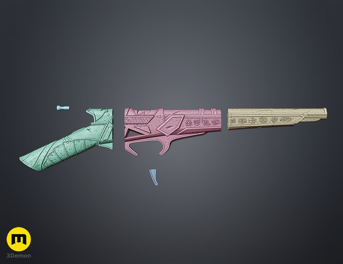 Color-coded assembly guide render of Expedition 33 Gustave Gun STL three main sections in teal pink and tan showing clear segment breakdown for 3D print assembly reference