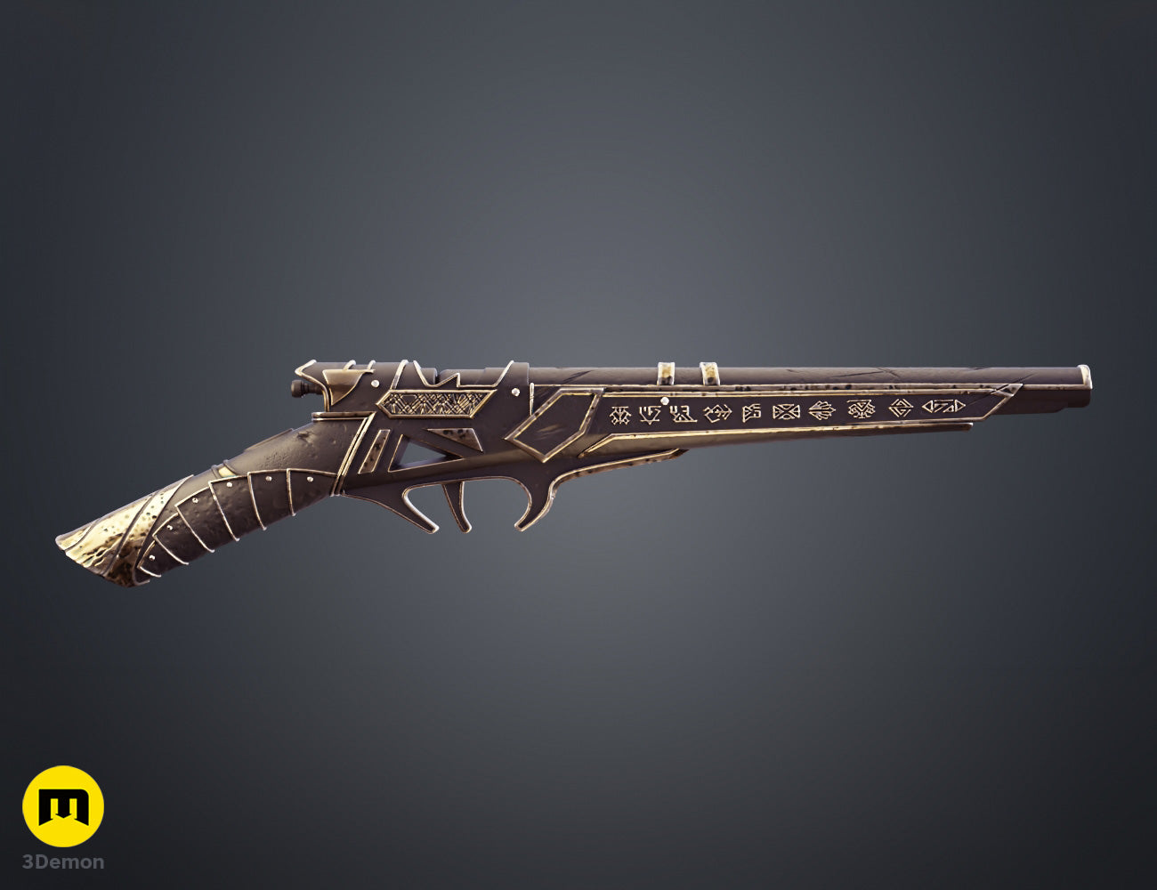 Painted 3D render side profile of Expedition 33 Gustave Gun showing black matte finish with deep gold rune engraving on barrel and Art Nouveau decorative grip filigree