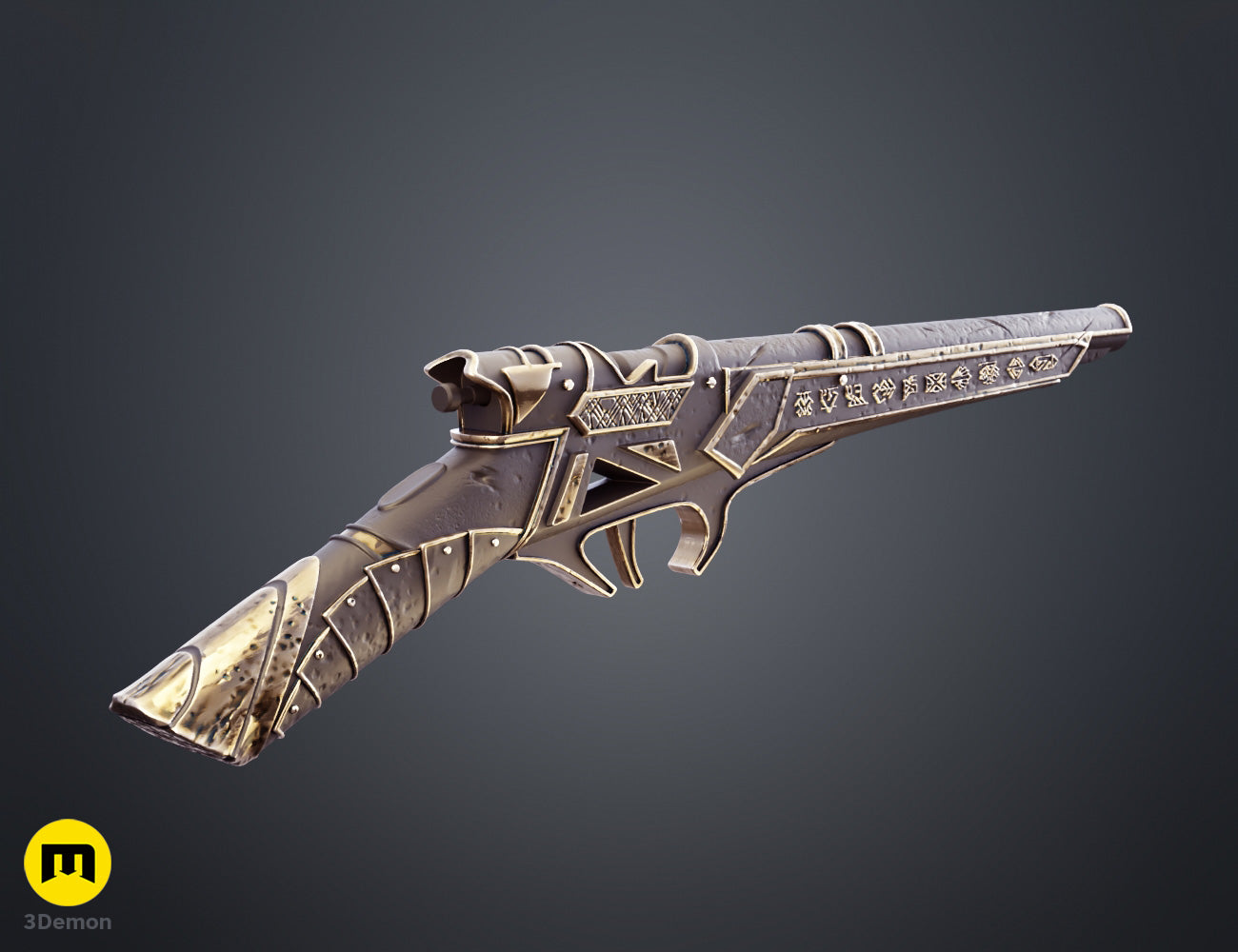 Painted render rear view of Expedition 33 Gustave Gun black body showing symmetrical gold Art Nouveau decorative detail on grip top frame and gold engraved barrel accents
