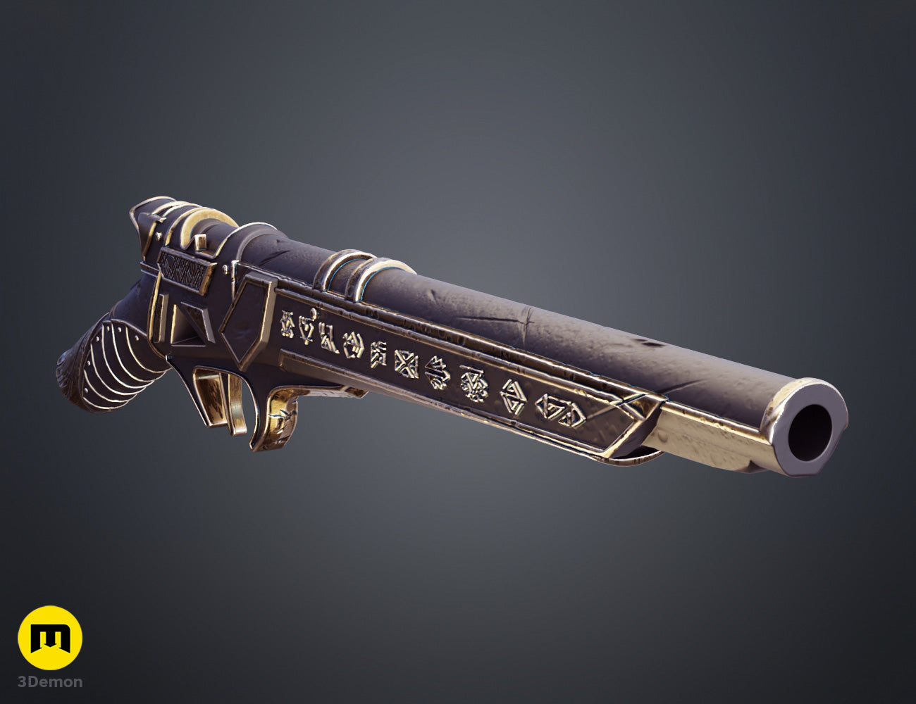Painted render rear-quarter view of Expedition 33 Gustave Gun showing gold Art Nouveau decorative wrapping on black grip and intricate rune symbols along barrel length