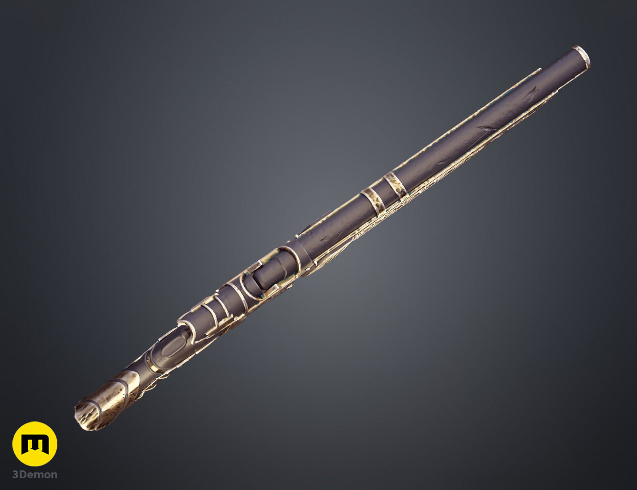 Painted render angled front view of Expedition 33 Gustave Gun showing barrel tip and gold Art Nouveau engraving glowing against black body with dramatic lighting