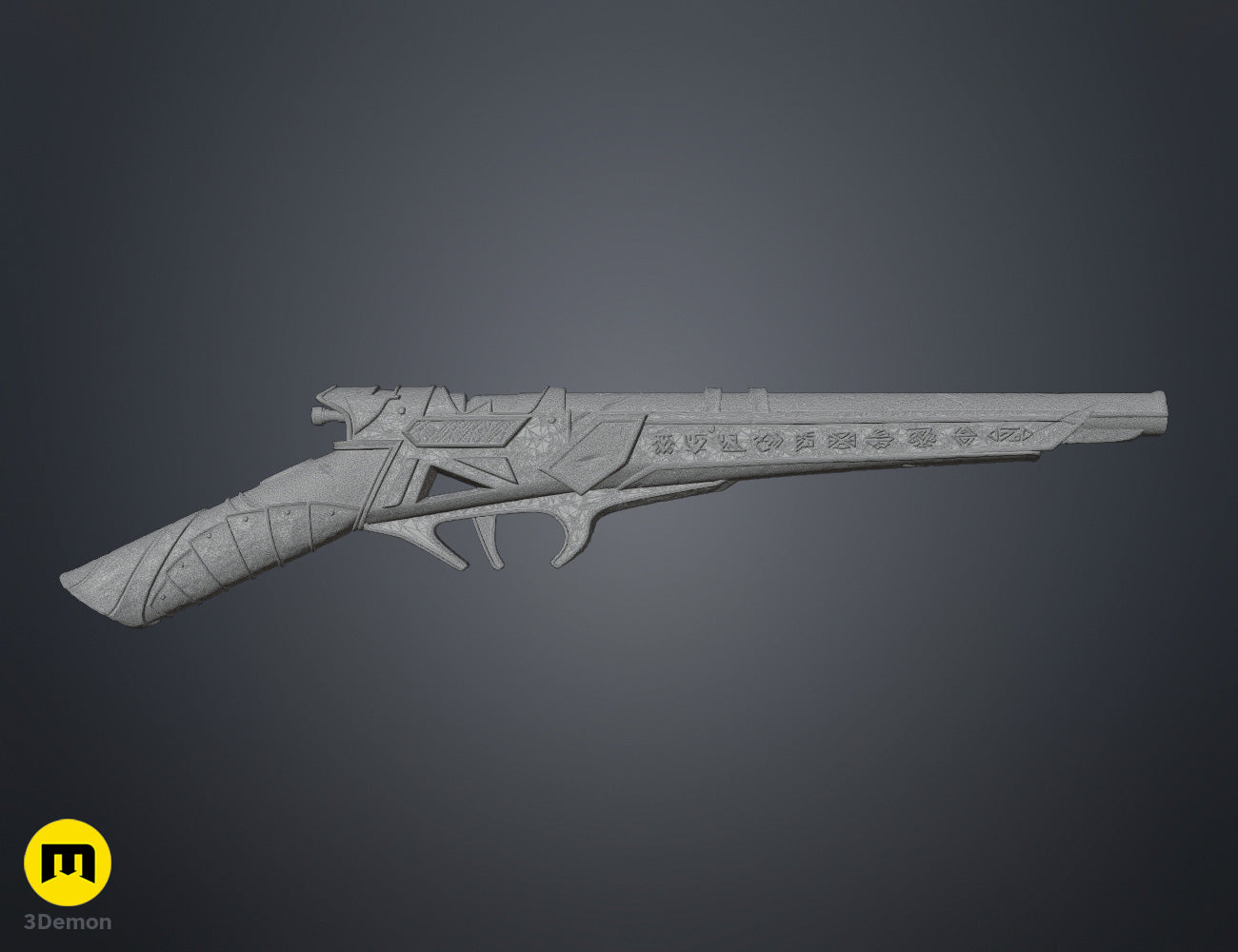 Wireframe mesh render of Expedition 33 Gustave Gun full polygon mesh showing dense triangulated geometry capturing complex surface engravings and shape