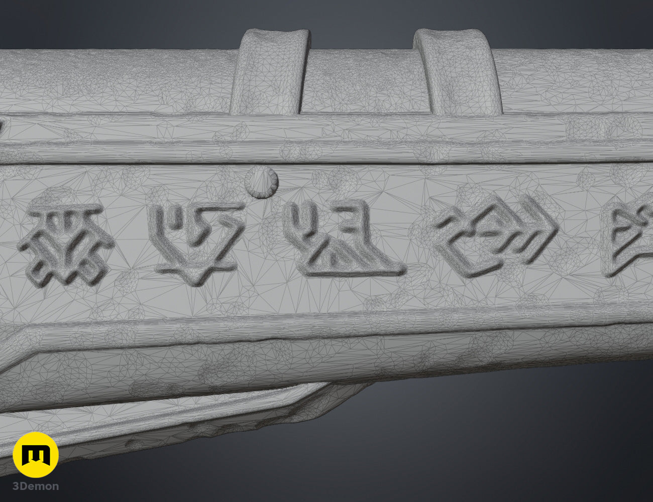 Wireframe mesh close-up of Expedition 33 Gustave Gun showing precision polygon topology of runic engraving relief and mesh surface fine detail on barrel area