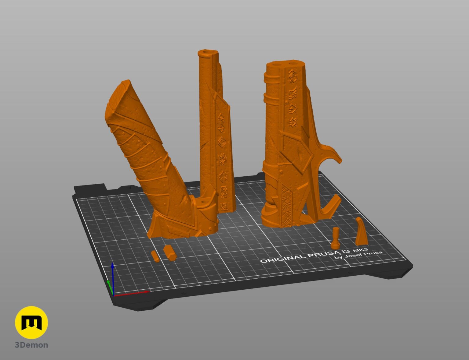 PrusaSlicer screenshot of Expedition 33 Gustave Gun STL parts on virtual print bed with green organic support structures visible around complex runic geometry