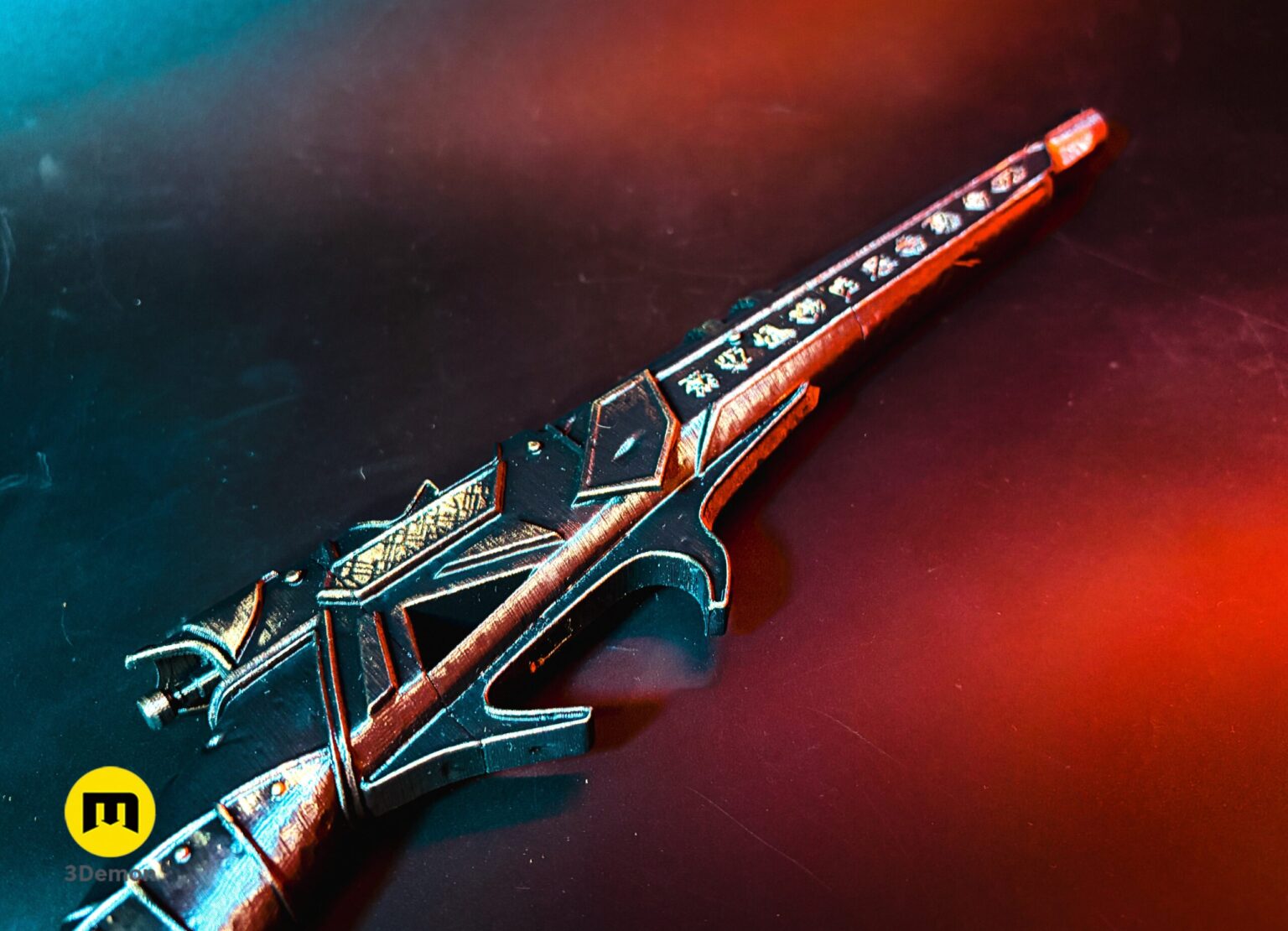 Lifestyle close-up of Expedition 33 Gustave Gun handle in person's hand showing textured black surface and gold filigree near trigger and hammer area with Art Nouveau relief