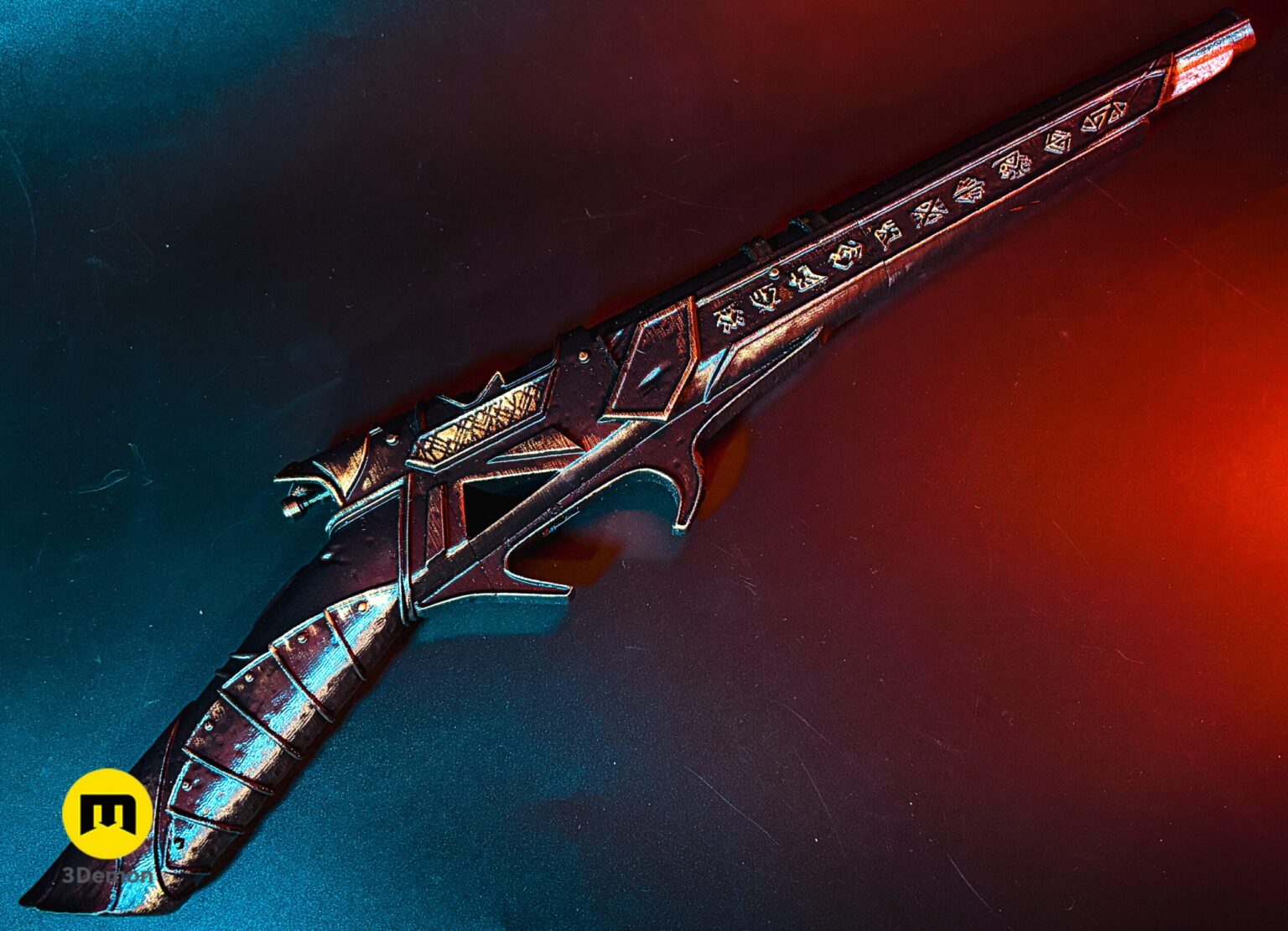 Lifestyle close-up of Expedition 33 Gustave Gun held by person focusing on shiny gold Art Nouveau runic engraving on black cylindrical barrel cluster with dramatic highlights
