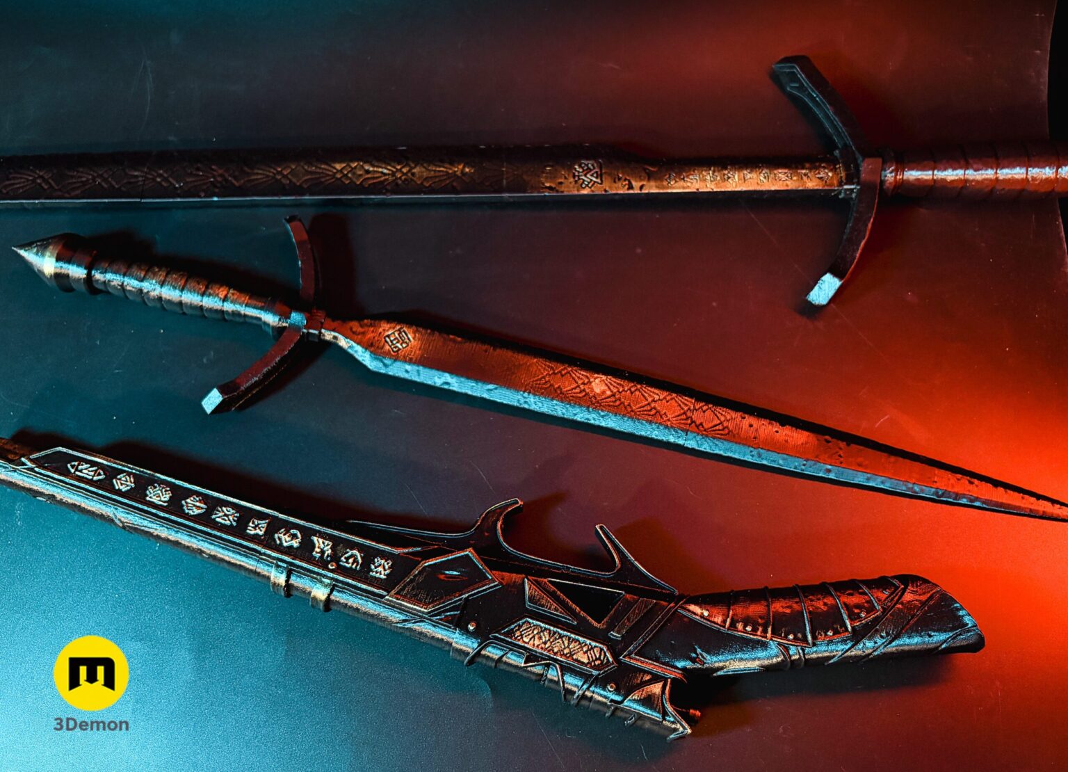Lifestyle profile photo of painted Expedition 33 Gustave Gun on flat surface showing full weapon length with black body contrasting gold Art Nouveau ornamental side details
