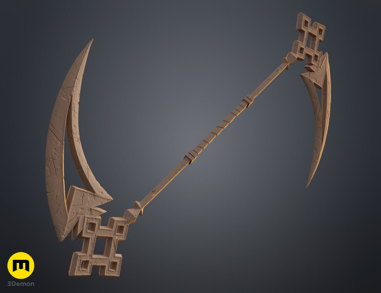 Clay render full view of Expedition 33 Sciel Scythe Charnon in uniform tan neutral material showing complete double-ended symmetric design of main blade top and smaller blade bottom