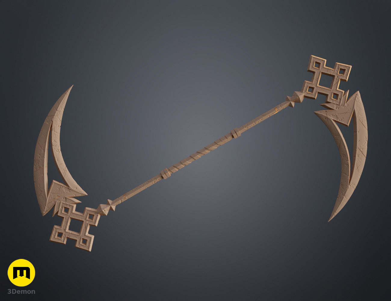 Clay render close-up of Expedition 33 Scythe Charnon main blade and square geometric connector joint in tan material showing curvature of blade and ornate surface details