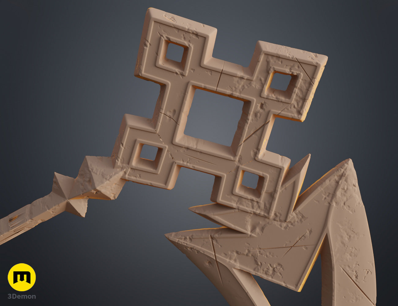 Clay render angled full view of Expedition 33 Sciel Scythe Charnon showing complete proportions of double-ended scythe weapon form in neutral tan material from angled perspective