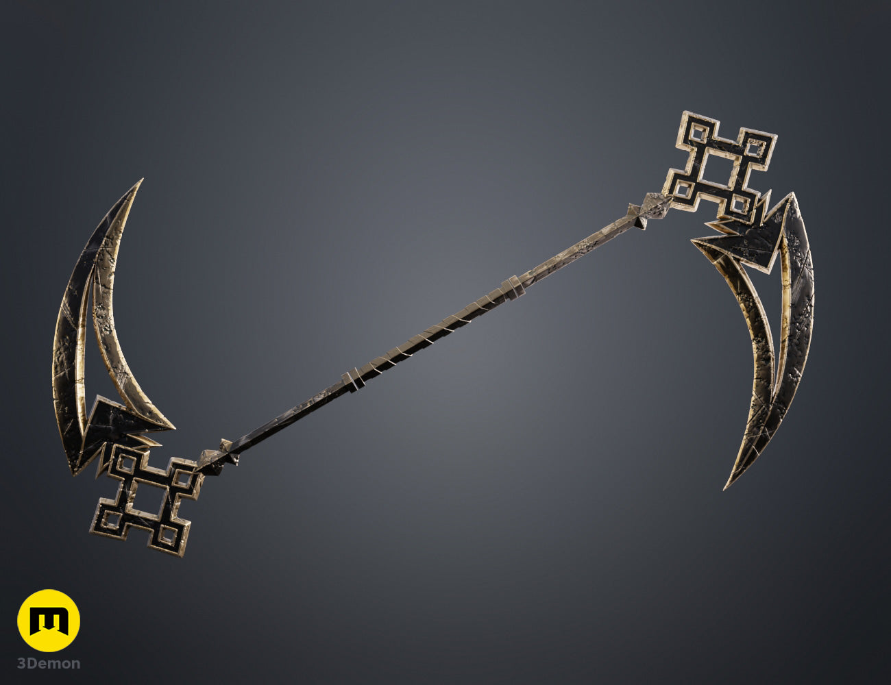 Colored render full view of Expedition 33 Sciel Scythe Charnon showing double-ended scythe with weathered bronze gold blades ornate geometric patterns and black staff with gold accent fittings