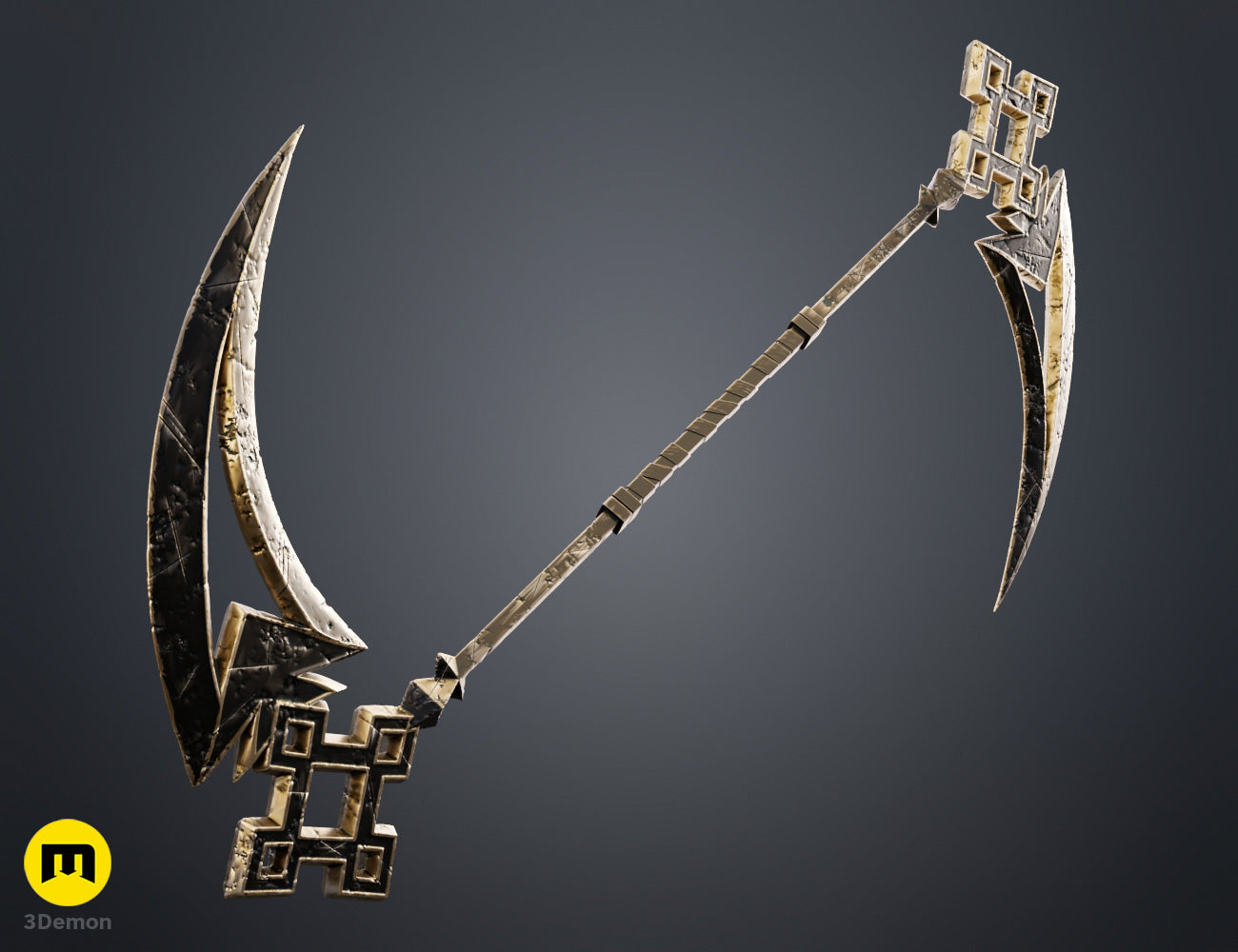 Colored render side profile of full Expedition 33 Sciel Scythe Charnon showing sleek curved silhouette of both top and bottom blades and long black gold accented staff