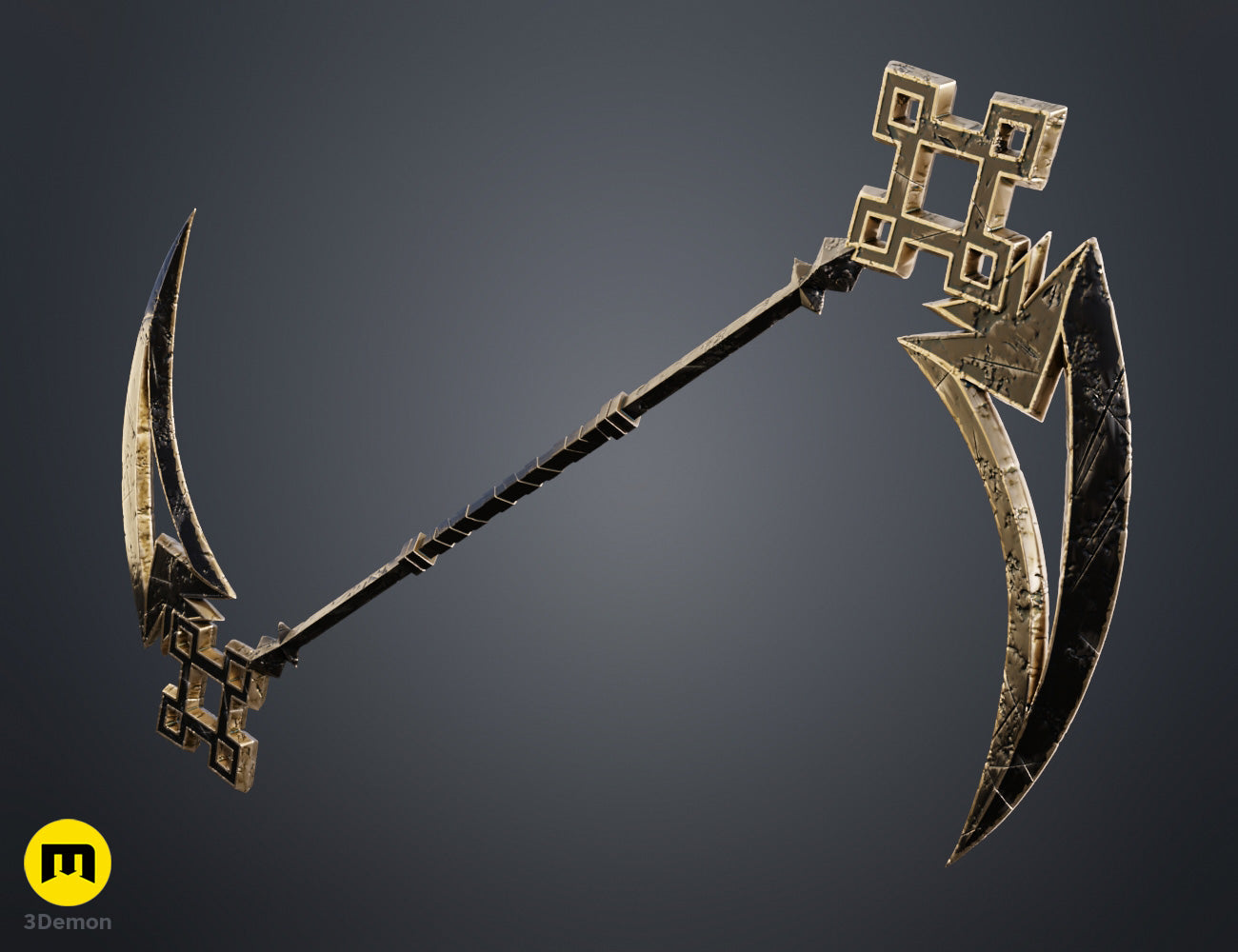 Colored render angled full view of Expedition 33 Sciel Scythe Charnon showing depth of ornate decorative geometric blade patterns and surreal fantasy aesthetic of the double-ended weapon