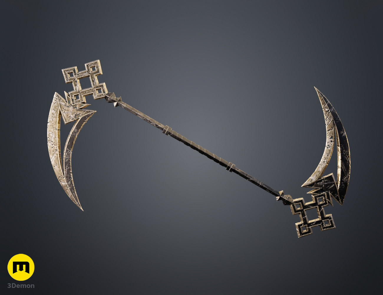 Colored render close-up of Expedition 33 Sciel Scythe Charnon main blade head showing high-resolution weathered bronze metallic texture sharp blade edges and ornate geometric details