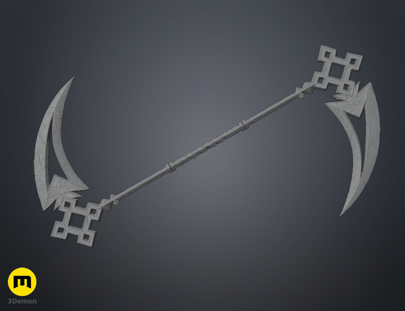 Wireframe mesh full view of Expedition 33 Sciel Scythe Charnon showing dense blue triangulated polygon topology of both blades staff and all decorative geometric components