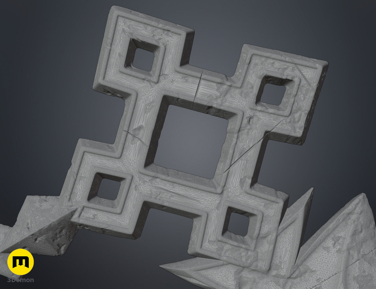 Wireframe mesh close-up of Expedition 33 Scythe Charnon upper blade head showing complex polygon structure and high density mesh of ornate geometric and organic decorative sections