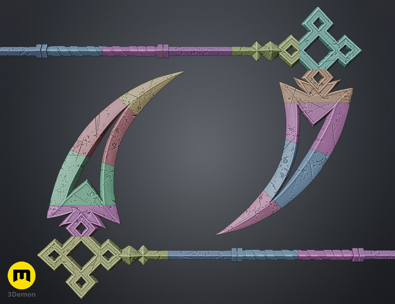 Parts guide render of Expedition 33 Sciel Scythe Charnon showing main blade upper staff segment and connector components in neutral grey floating apart in exploded view for assembly reference