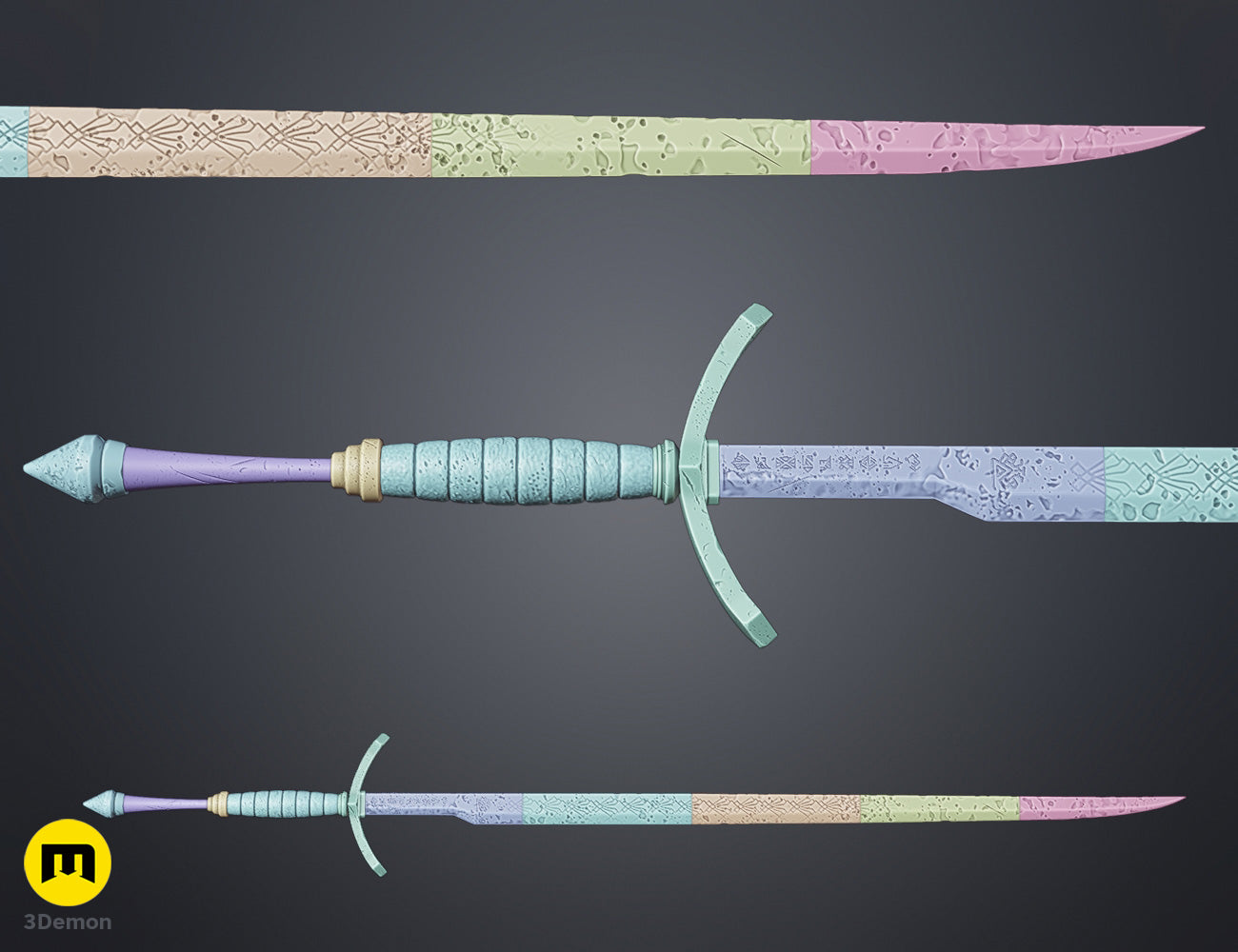 Assembly guide of Expedition 33 Verso Sword and Dagger STL clay render showing red support rod placement in both weapons with blade segments and connection points labeled
