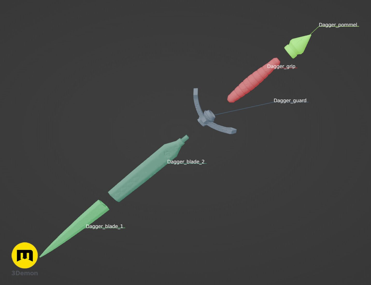 Technical assembly guide render of Expedition 33 Verso Dagger STL showing color-labeled blade guard grip and pommel segments with alignment arrow indicators for gluing