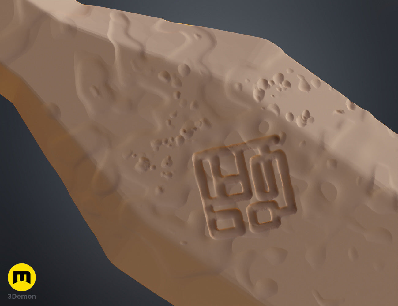 Clay render close-up Expedition 33 Verso Sword blade surface showing square runic symbol detail and battle-damaged weathered pitted texture on clay material
