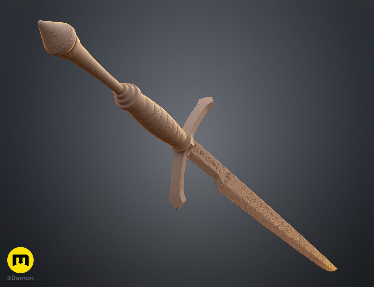 Clay render close-up Expedition 33 Verso Sword handle pommel area showing deep groove ribbed grip surface texture and ornate pommel sculptural detail