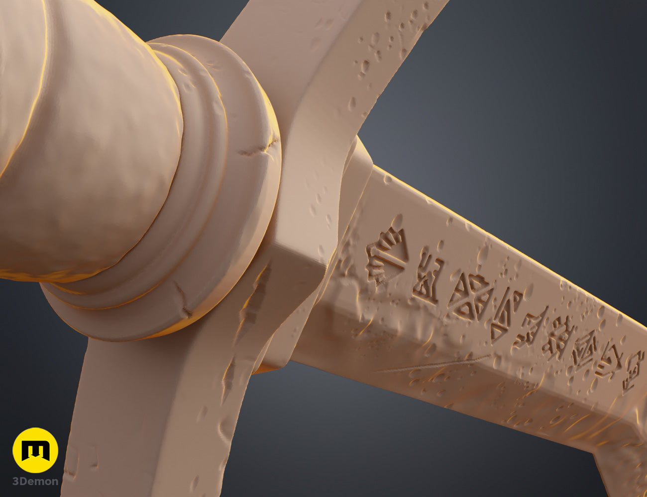 Clay render side view Expedition 33 Verso Sword crossguard and handle showing depth of scrollwork ornamental details and proportions from low angle perspective