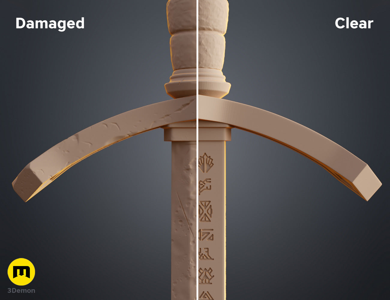 Clay render comparison of Expedition 33 Verso Sword crossguard blade base showing Damaged version with cracks pitting on left and Clean smooth version on right side by side
