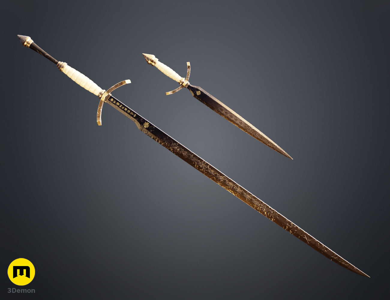 Painted 3D render of Expedition 33 Verso Sword and matching Dagger Verleso pair black blades with gold Art Nouveau scrollwork runic inlays cream ribbed grips and gold crossguards