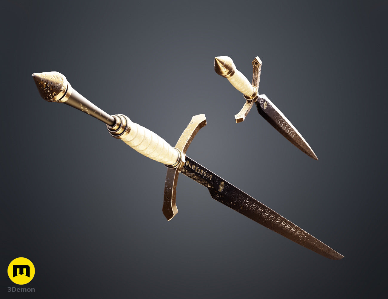 Painted render close-up of Expedition 33 Verso Dagger blade showing intricate gold Art Nouveau engravings and runic symbols on black blade surface cosplay prop