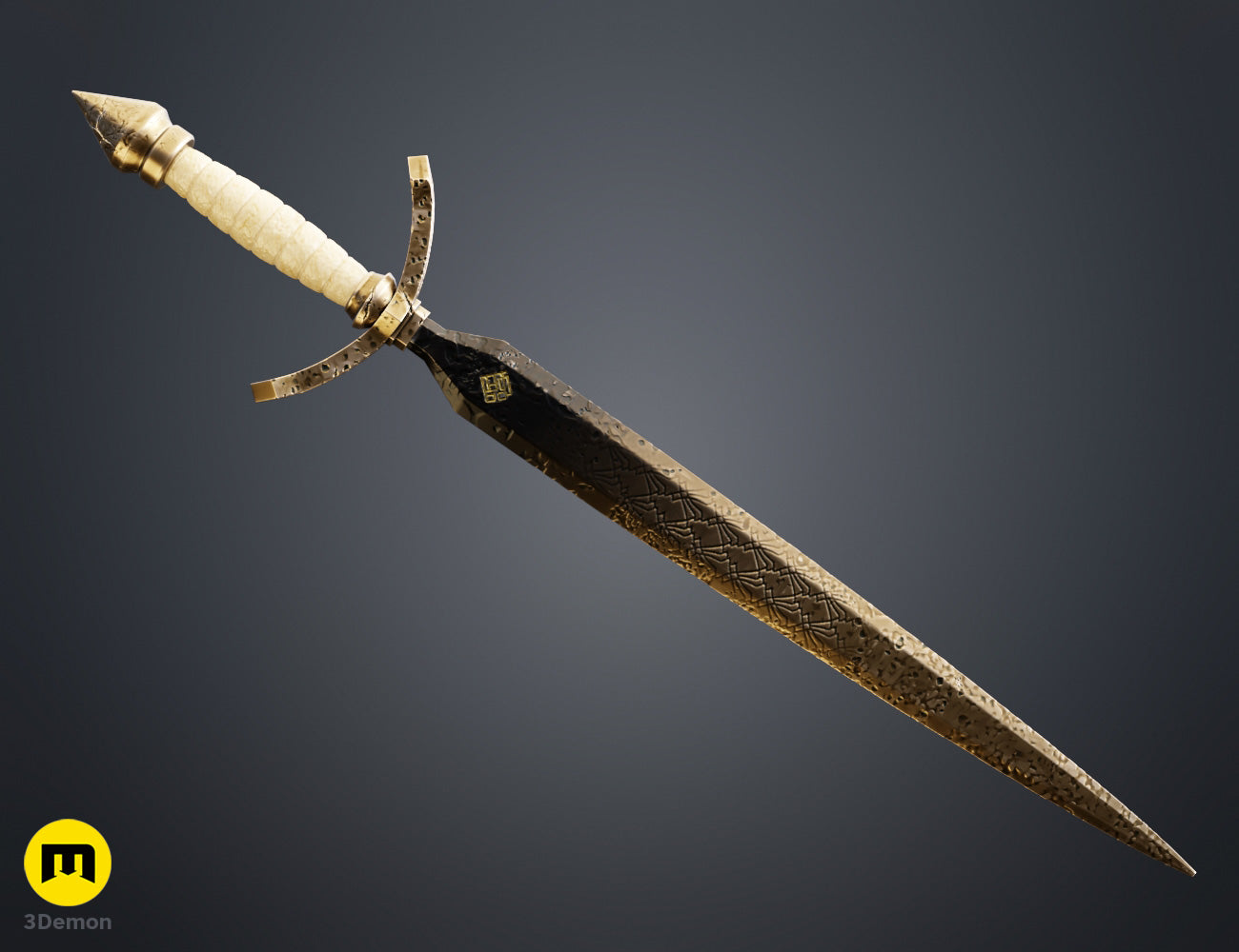 Painted render close-up Expedition 33 Verso Sword blade tip showing gold Art Nouveau scrollwork and runic detail against dark black blade finish cosplay prop