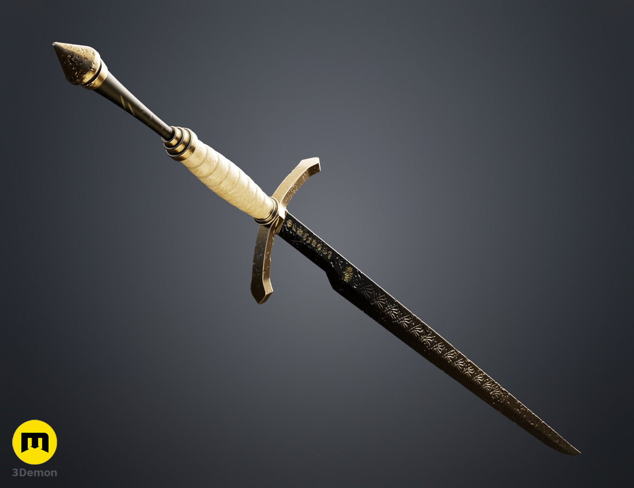 Painted render close-up of Expedition 33 Verso Sword crossguard and ivory ribbed grip showing gold Art Nouveau filigree and metallic shimmer cosplay prop detail