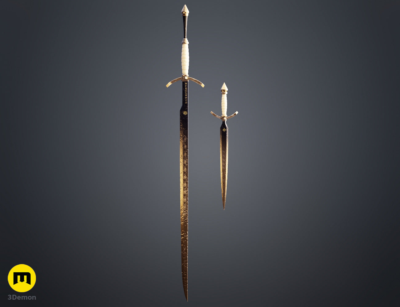 Painted render full-length view of both Expedition 33 Verso Sword and Dagger Verleso showing consistent gold-on-black aesthetic and ivory grip handles length proportions