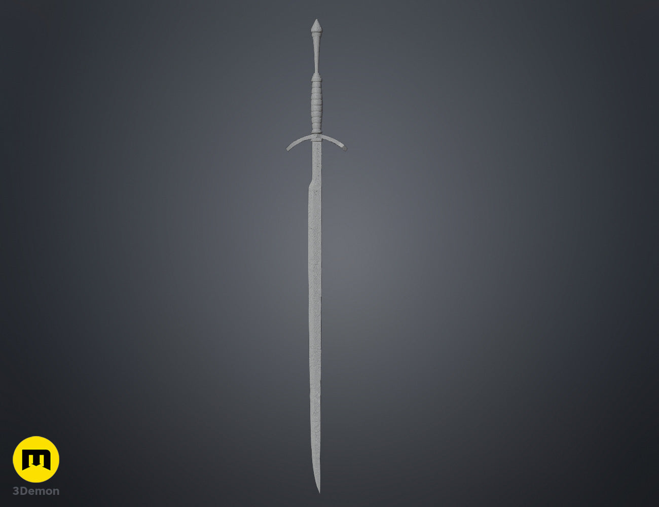 Wireframe mesh full-length view of Expedition 33 Verso Sword complete 124cm model geometry as polygon mesh showing dense topology of all surface details