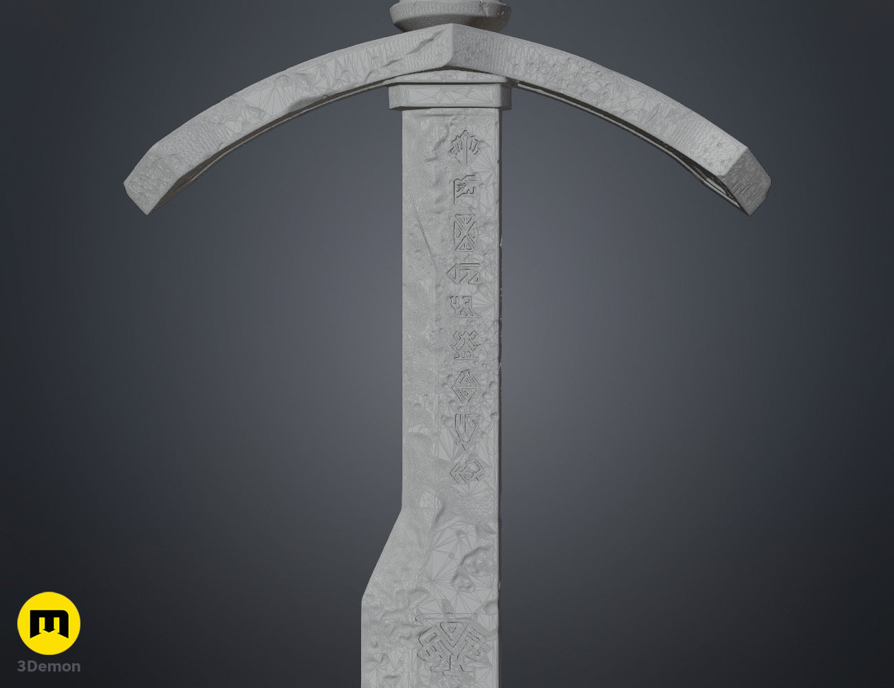 Wireframe mesh close-up of Expedition 33 Verso Sword crossguard hilt showing complex Art Nouveau curved geometry and dense polygon network of the guard ornamental structure