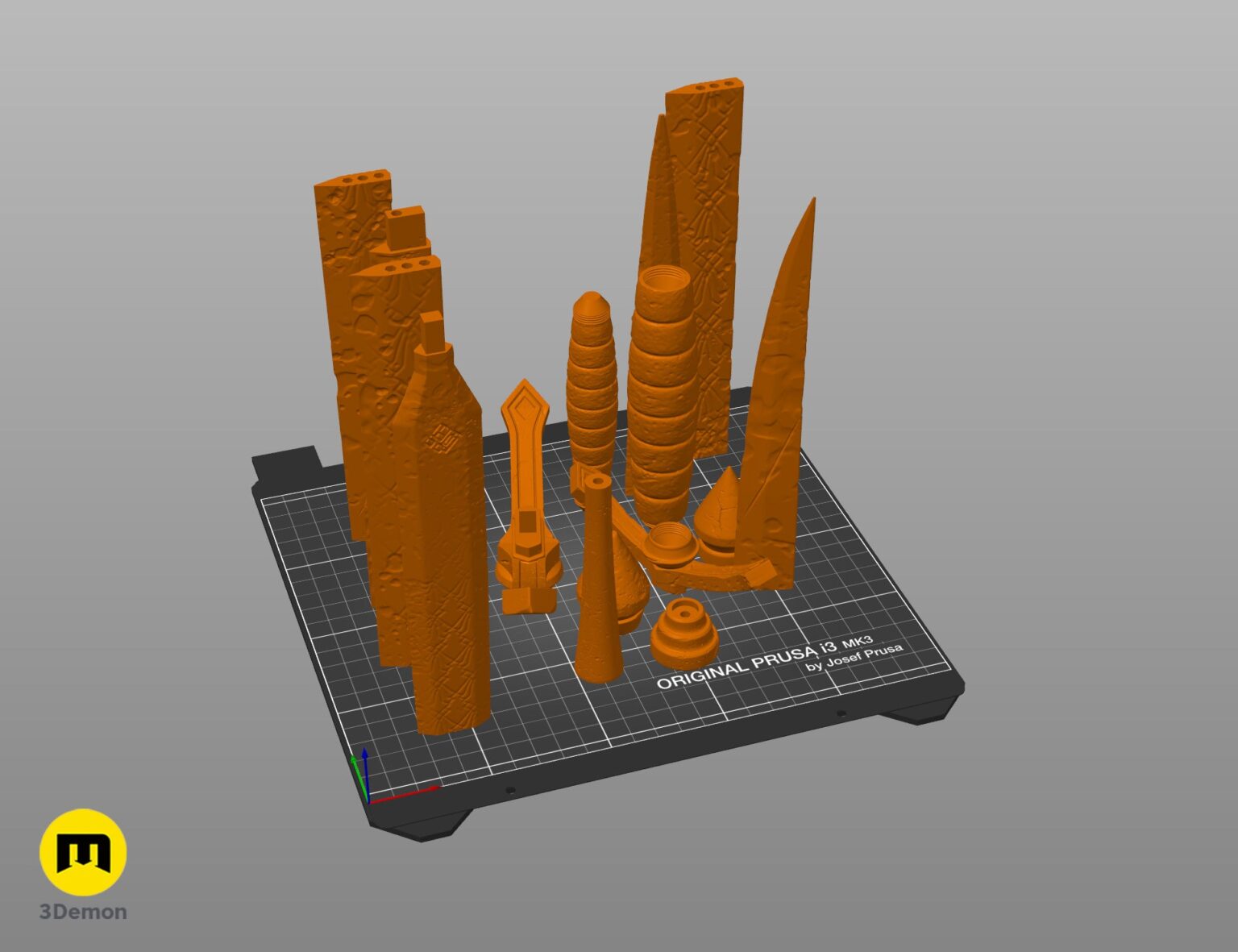 Slicer mesh view of Expedition 33 Verso Sword blade segments in slicer interface with green support structures and high-density polygon mesh showing runic surface topology