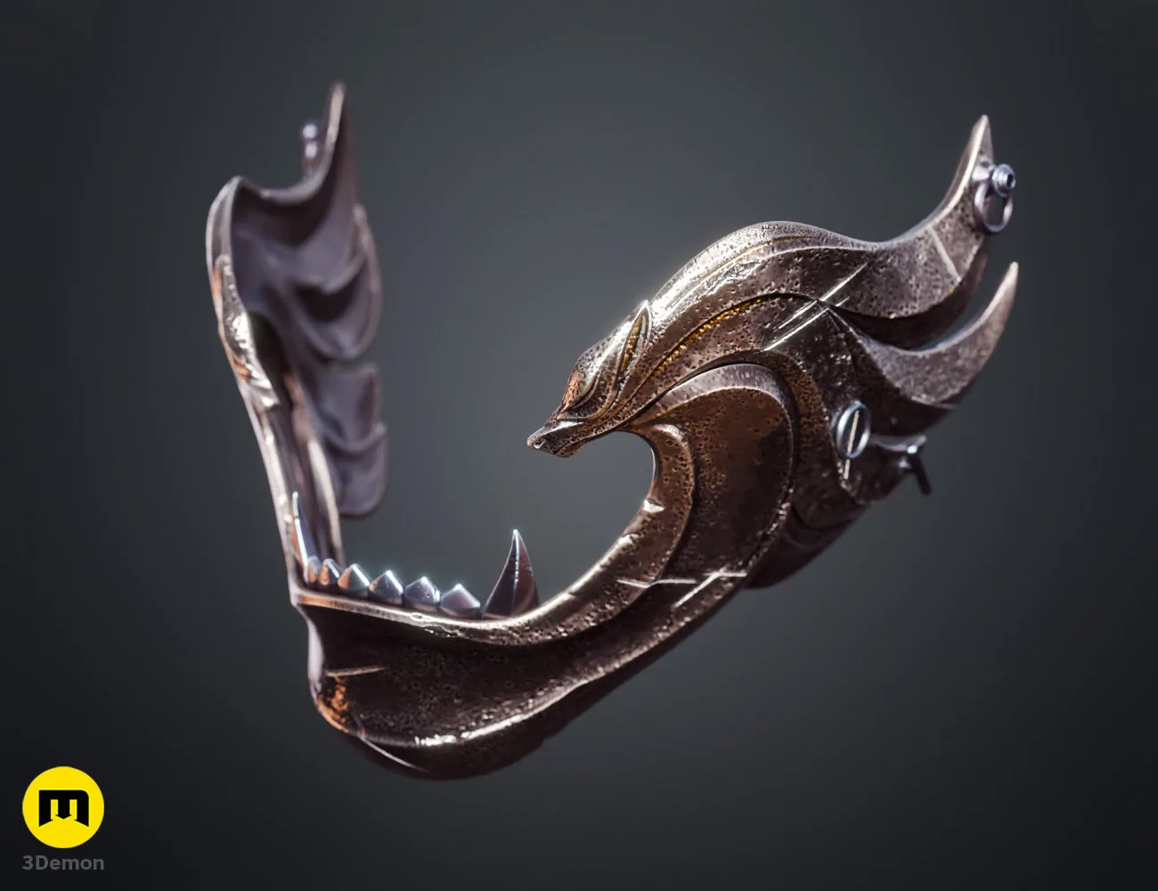3D render of Ghost of Yotei Twin Wolves cosplay mask grey model right profile view with wolf detail