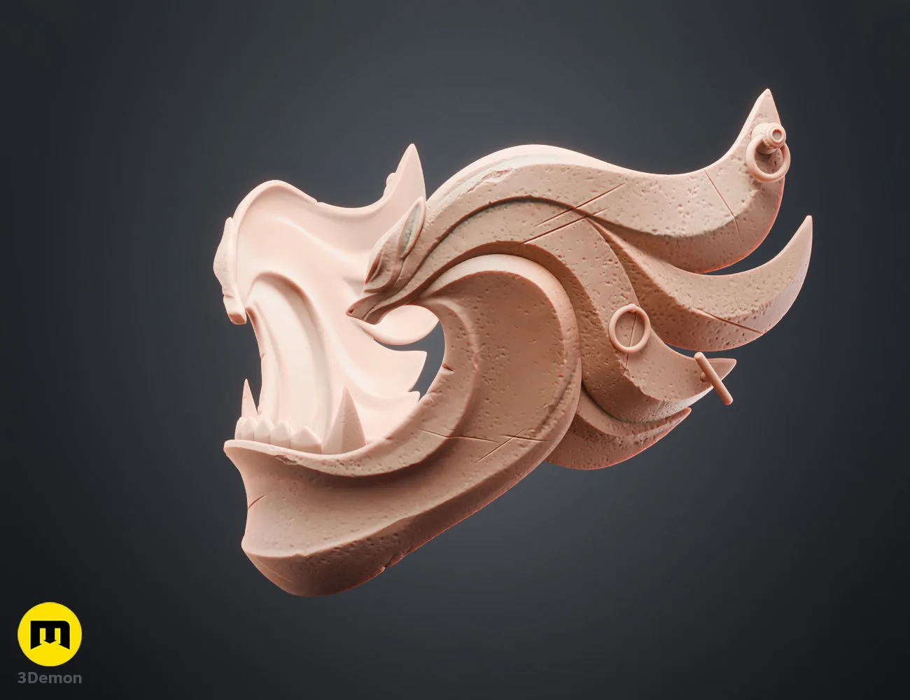 3D render of Ghost of Yotei Twin Wolves mask grey 3D print model interior hollow view