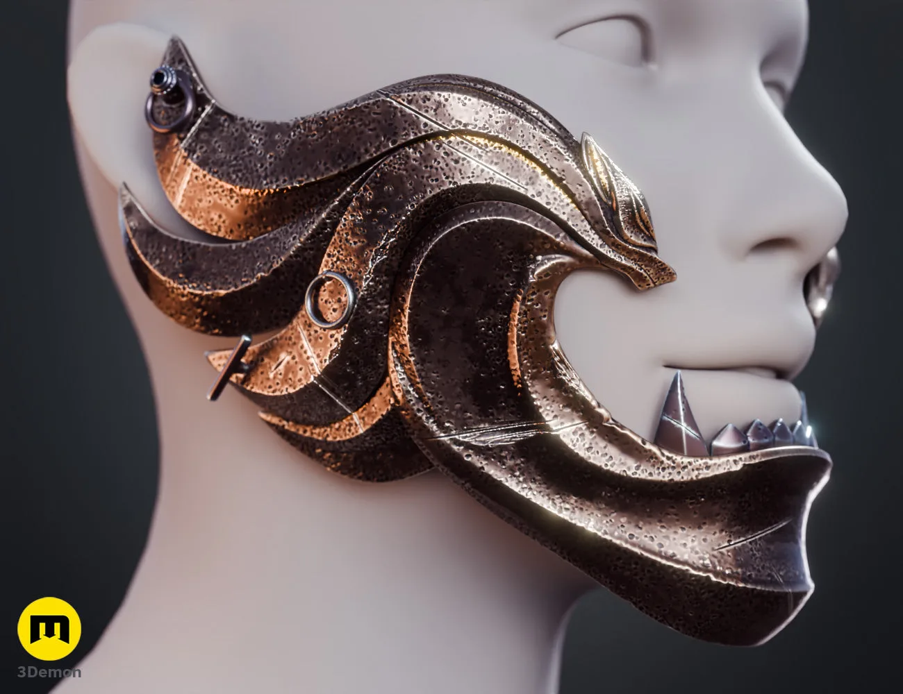 3D render of Ghost of Yotei Twin Wolves mask grey samurai cosplay prop angled left view by 3Demon
