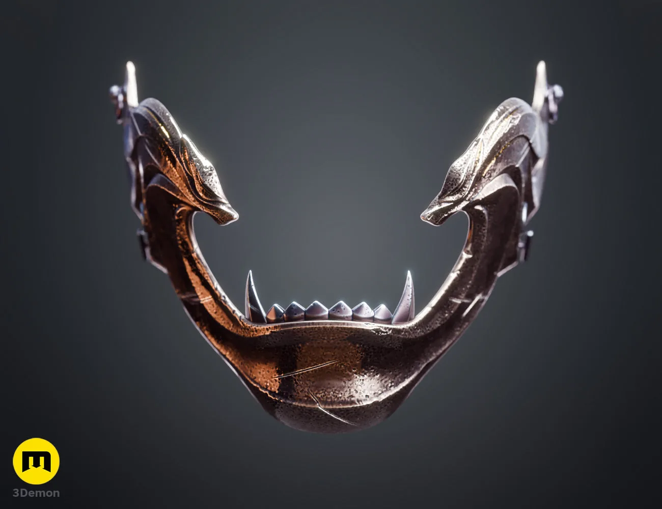 3D render of Ghost of Yotei Twin Wolves samurai cosplay mask grey model close-up wolf crest detail