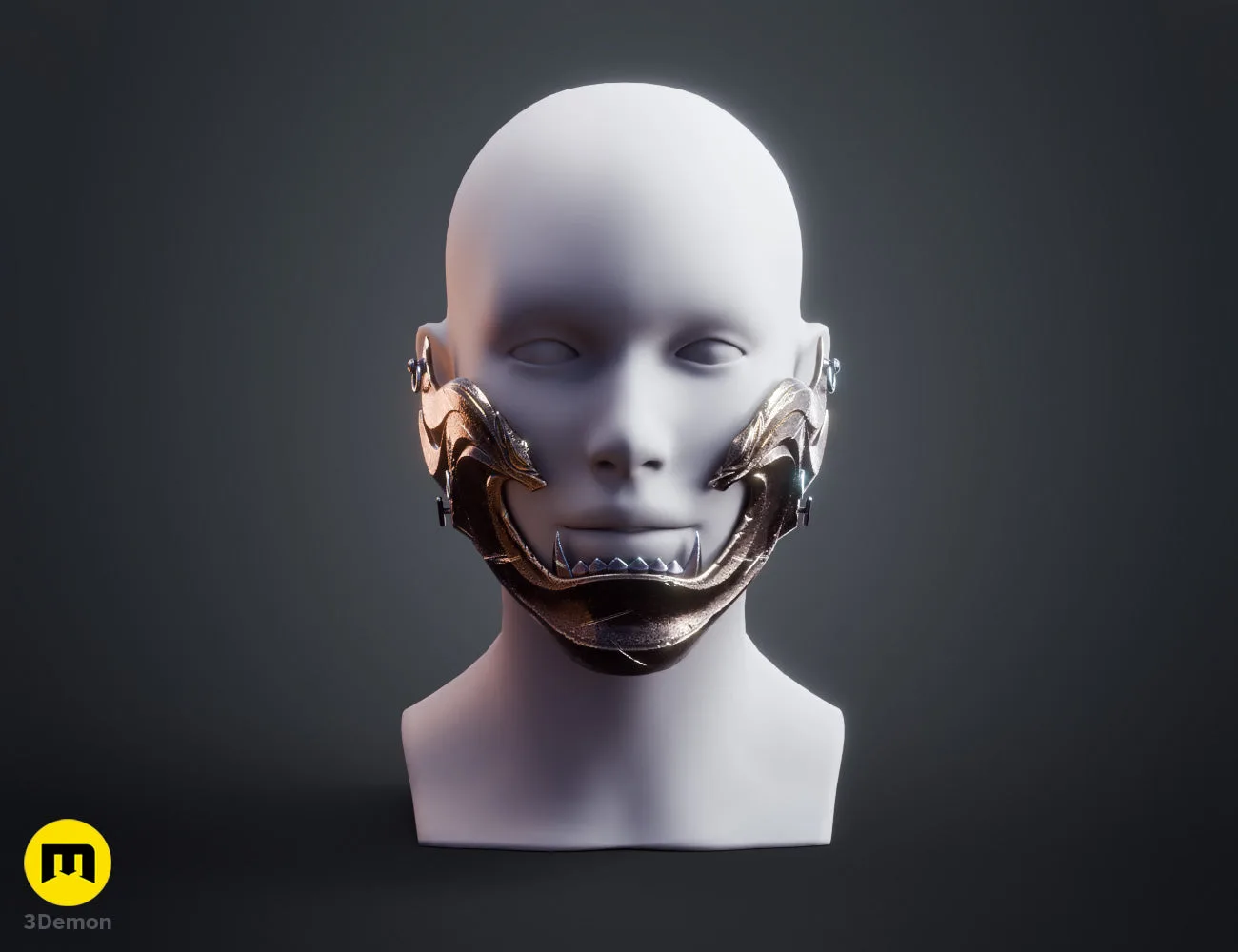 3D render of Ghost of Yotei Twin Wolves samurai mask STL grey model front view by 3Demon