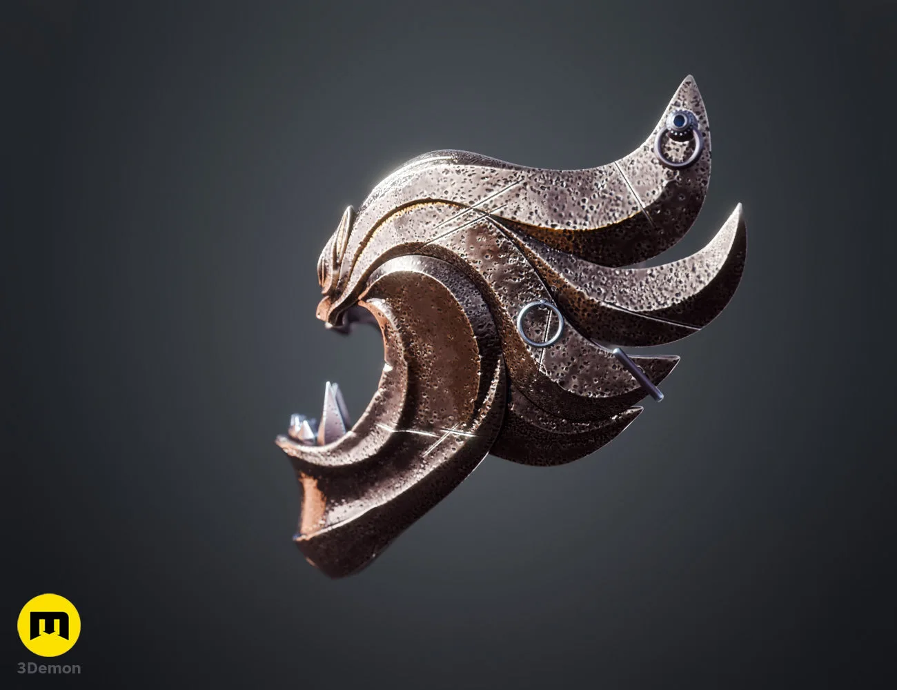 3D render of Twin Wolves Mask Ghost of Yotei grey 3D print model elevated angle view with wolf motif