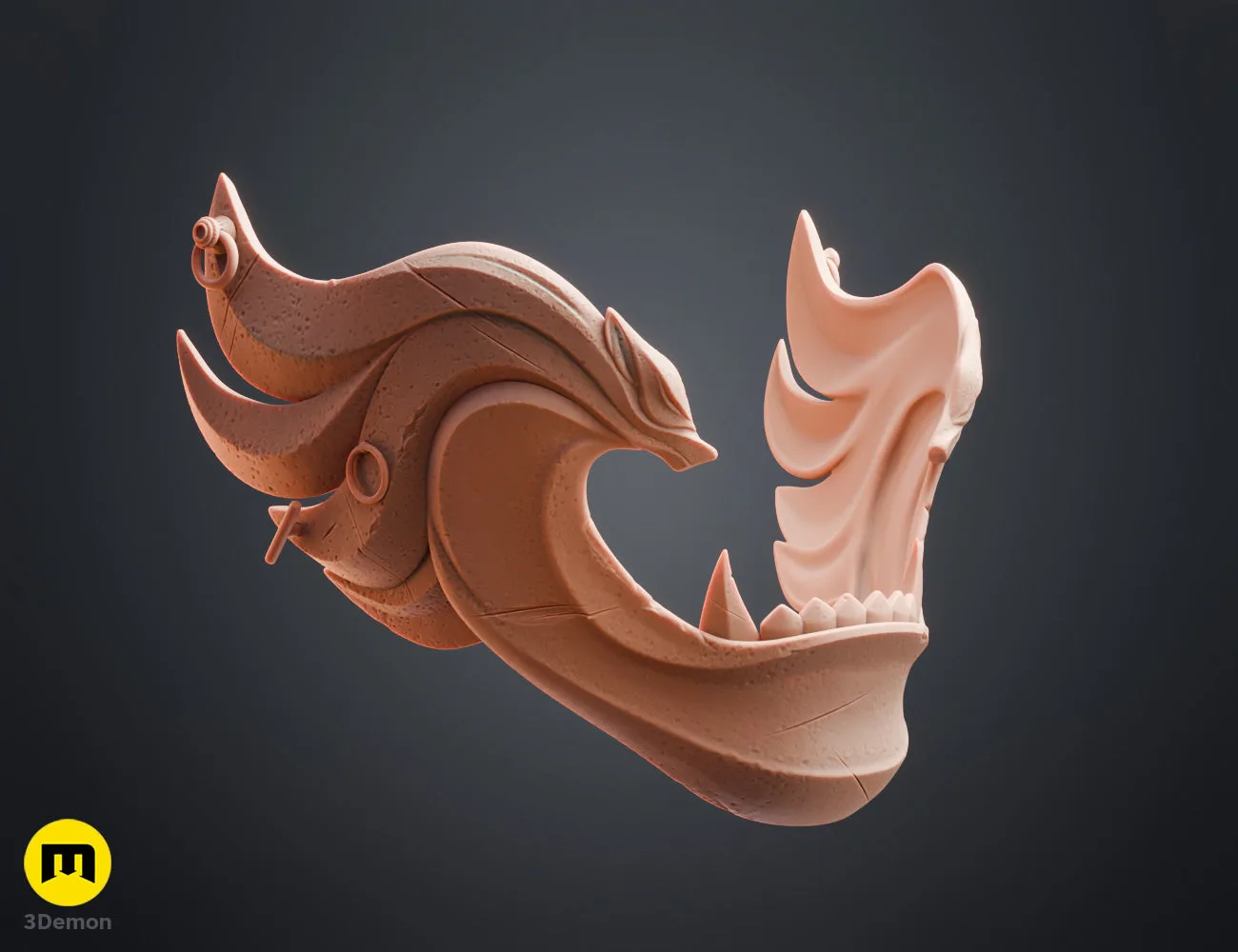 3D render of Twin Wolves Mask Ghost of Yotei grey samurai mask bottom view showing chin detail